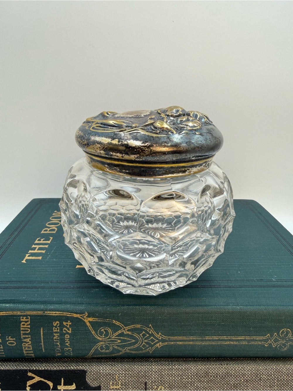 Vintage EAPG Powder Vanity Jar Honeycomb with Metal Lid